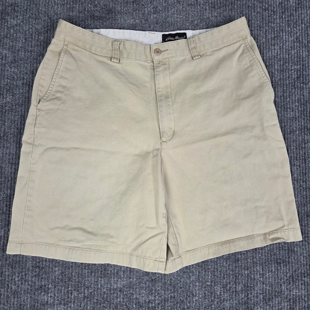 Eddie Bauer Mens Khaki Chino Shorts Tan 100% Cotton Twill Size 35 Flat Front